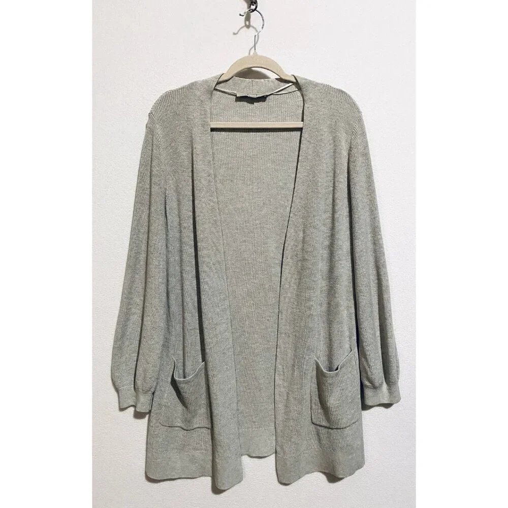 LOFT Cardigan Sweater Womens Large Gray Longline Open Front Silk Blend Comfy